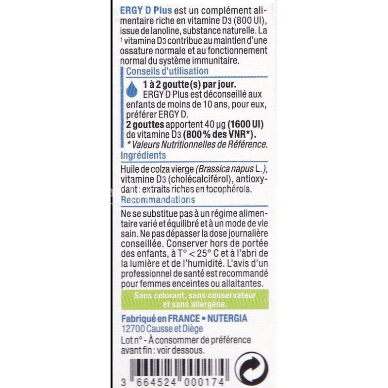 Ergy D Plus 15ML NUTERGIA - Complément alimentaire à base de Vitamine D3 -  Lot de 2 Flacons (2)