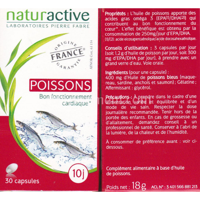 Huile de poisson riche en Oméga-3 capsules Naturactive