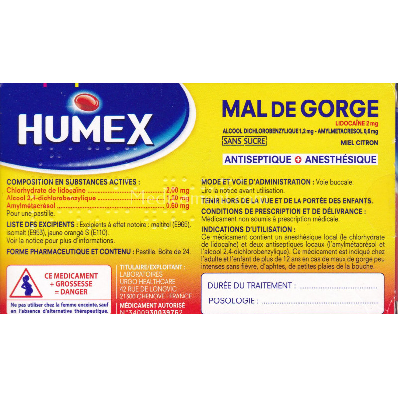 Humex mal de gorge lidocaine pastilles antiseptiques et