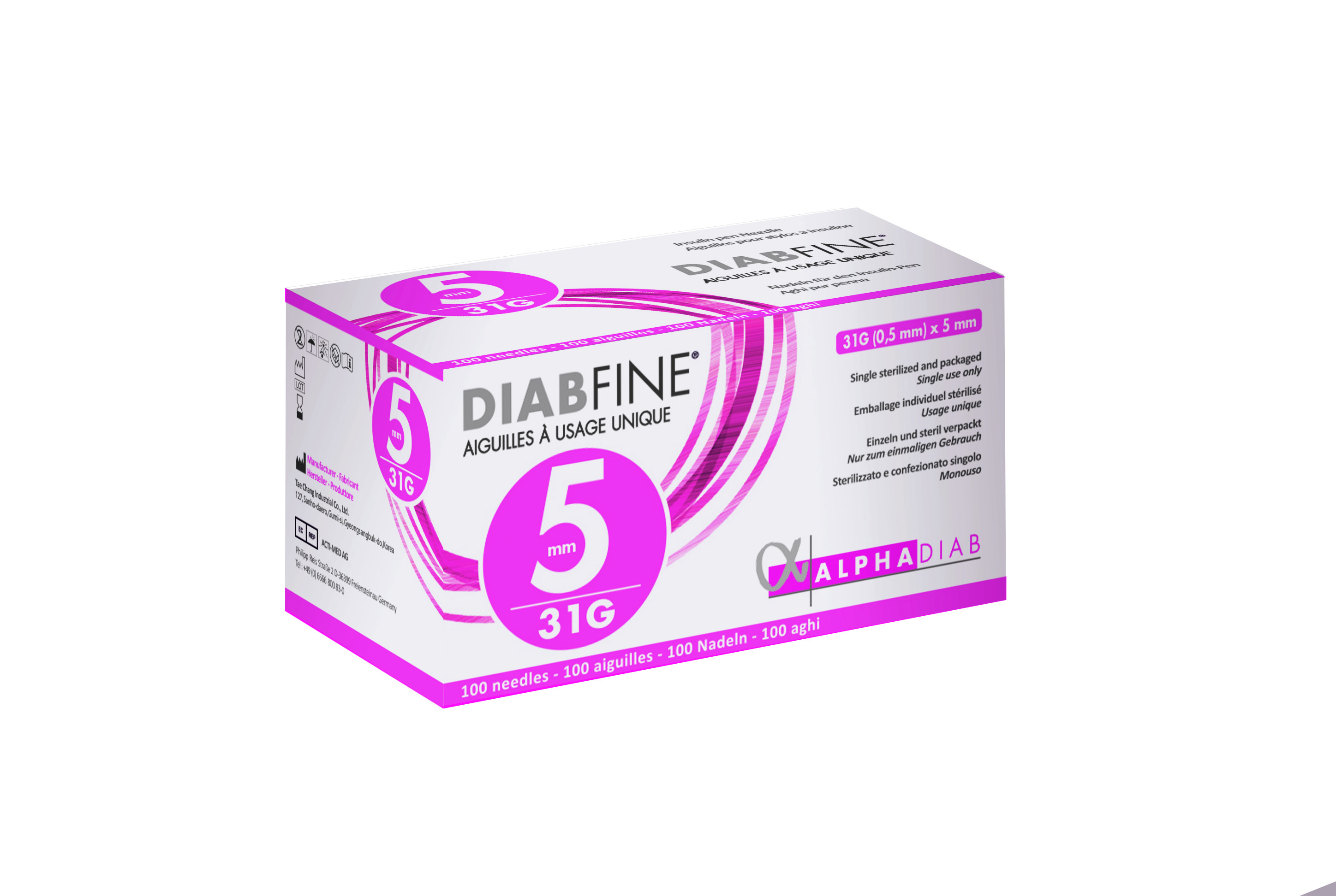 Diabfine 100 Aiguilles à stylos à insuline Alphadiab