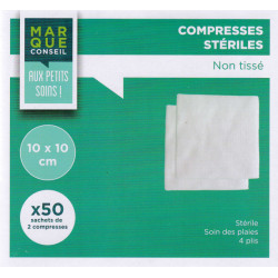 Compresses stériles Non Tissé 10x10 Boite de 50 sachets Marque Conseil