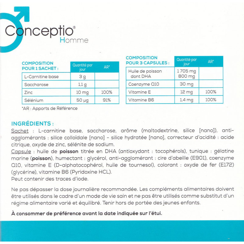 GRANIONS | Conceptio homme | Fertilité masculine, reproduction normale |  Complexe Breveté Enzy Ox (Coenzyme Q10, Vitamine E), L-Carnitine, Dha