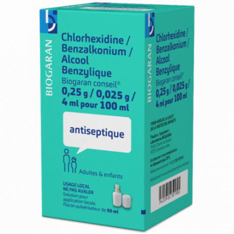 Chlorhexidine / Chlorure de benzalkonium / Alcool benzylique Solution pour application locale Biogaran Conseil