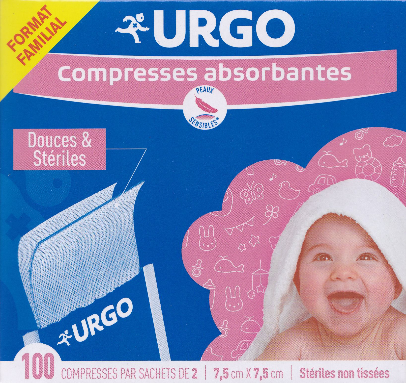 Compresses absorbante stériles en Non Tissé 7.5x7.5cm boite de 50 format  familial Urgo