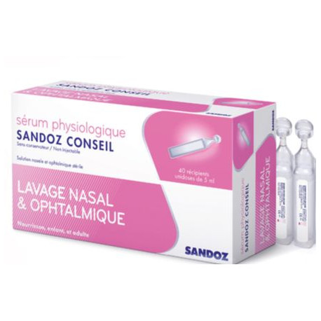 Serum physiologique 0.9% Sandoz Conseil boite de 40 unidoses de 5 ml